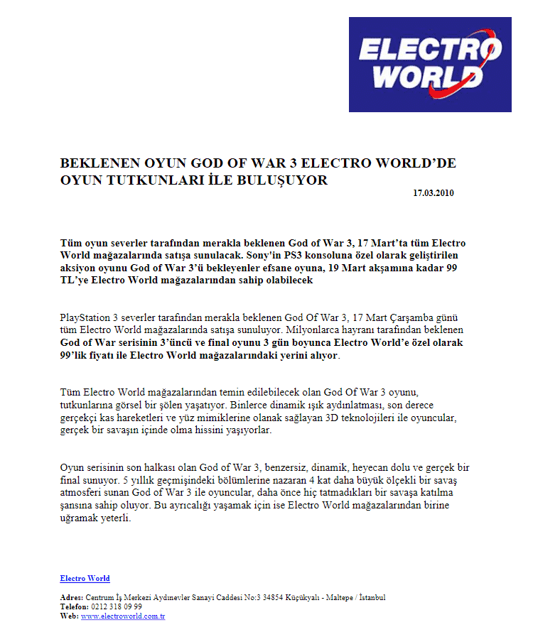 electroworld basın bülteni örneği